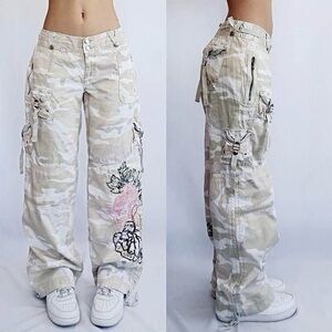 Camouflage Cargo Pants with Floral Embroidery
